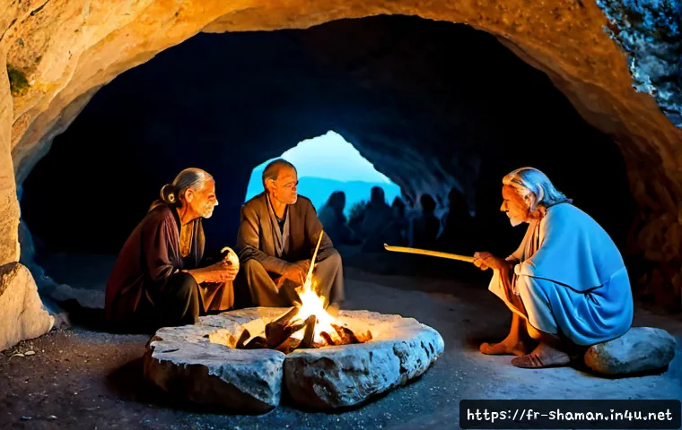 Home 17 무속 신앙의 기원 - Photorealistic prehistoric spiritual gathering in ancient southern France, a small group of fully cl...