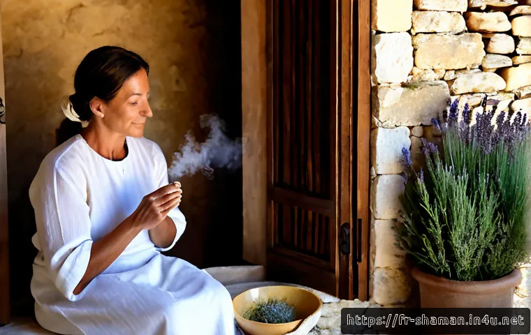 무속 굿의 종류 - Photorealistic French neo-shamanic cleansing ritual in a serene Provence stone cottage, a middle-age...